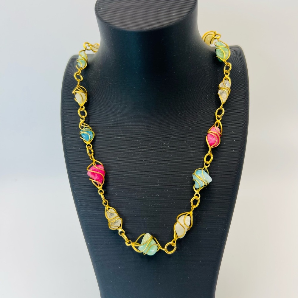 Boho Wire Wrapped Stone Necklace Gold Tone Colorful Nugget Links